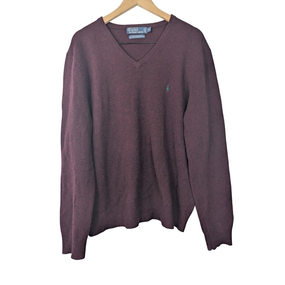 Men's Polo by Ralph Lauren Burgundy Lambs Wool V-neck Sweater